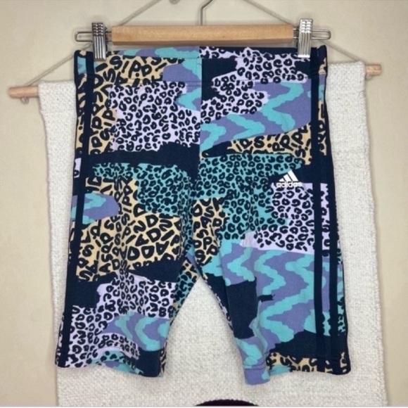 Adidas x Farm Rio Blue Leopard Print Biker Shorts Small - Picture 2 of 4